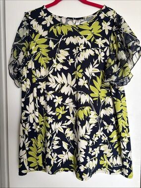 Women's Navy Floral Long-Sleeve Dress with Lime and White Print